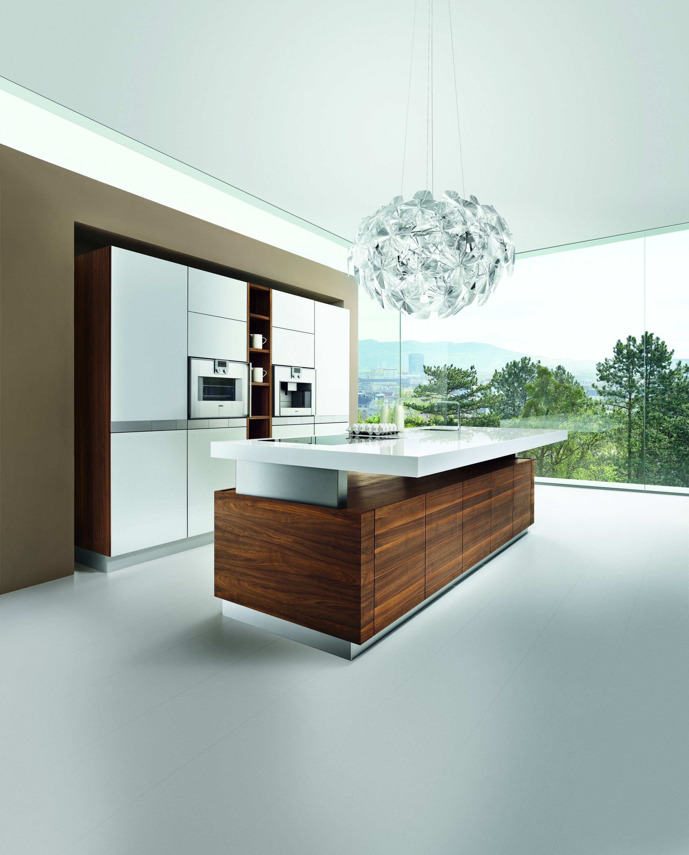 Küchenplanung Programm Küche Nussbaum Glas weiss